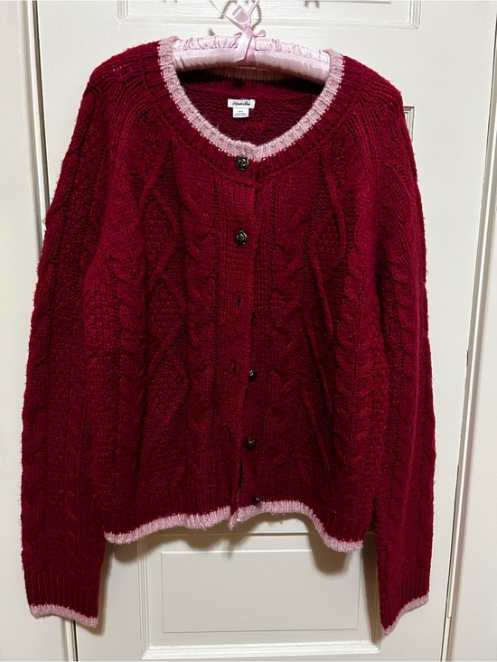 Kimchi Blue Sweaters - Kimchi Blue Maroon Cable-Knit Cardigan with Pink Trim and Rose Buttons